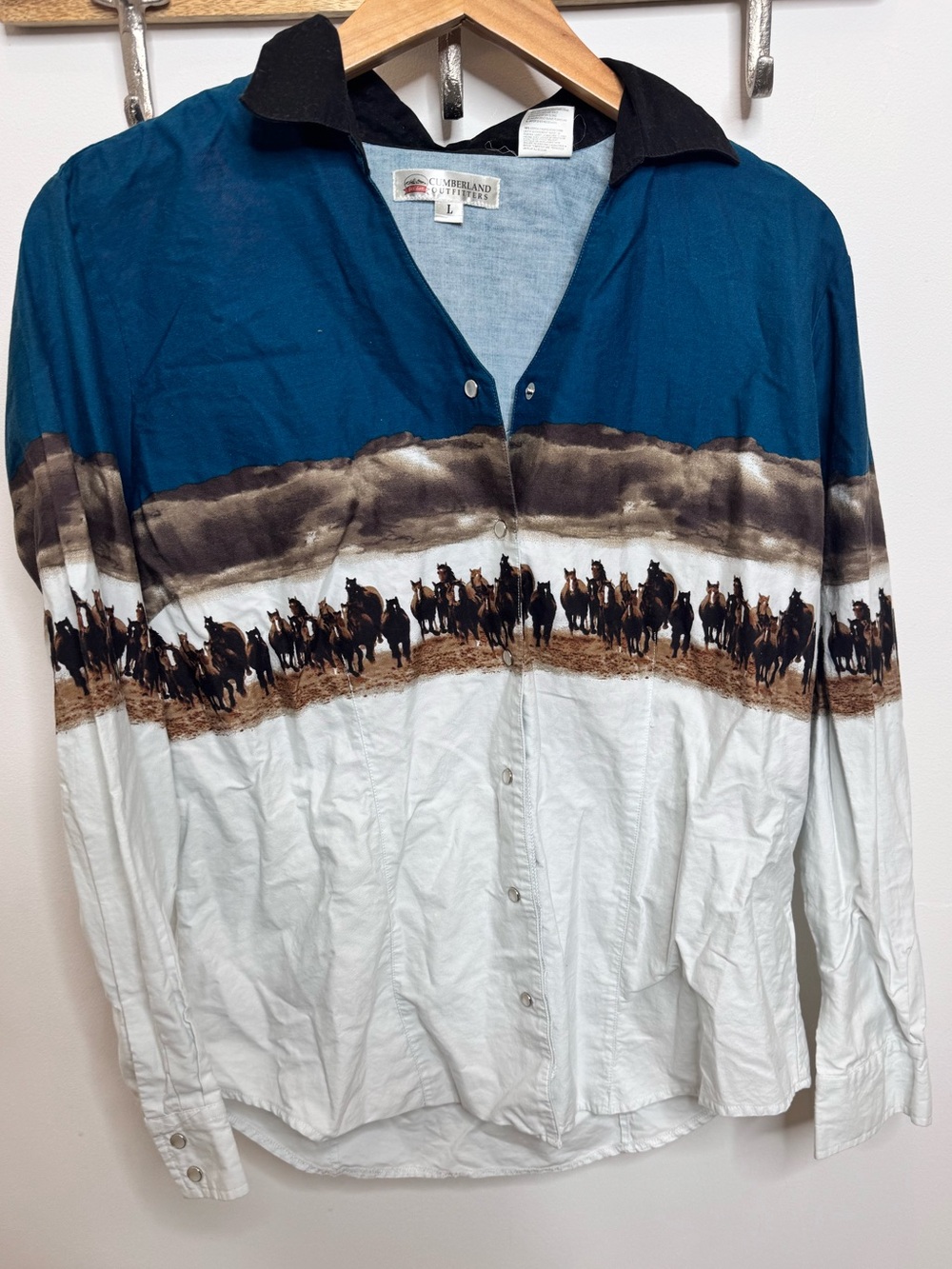 Cavallini & Co. Women's Blue and White Button-Down Shirt with Horse Print
